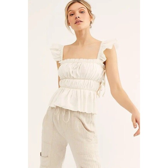 Free People Tops - Free People Beige Ruffle Sleeve Drawstring Cropped Blouse Cotton Size S